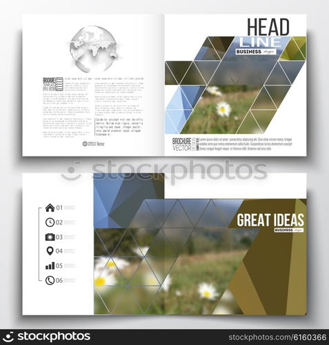 Set of annual report business templates for brochure, magazine, flyer or booklet. Abstract colorful polygonal backdrop, blurred background, mountain landscape, modern stylish triangle vector texture.