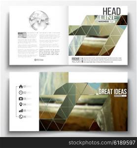 Set of annual report business templates for brochure, magazine, flyer or booklet. Colorful polygonal backdrop, blurred background, sea landscape, modern stylish triangle vector texture.