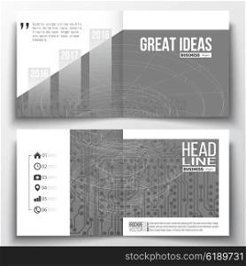Set of annual report business templates for brochure, magazine, flyer or booklet. Microchip background, electrical circuits, construction with connected lines, scientific design pattern