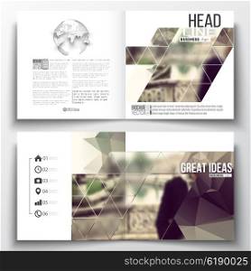 Set of annual report business templates for brochure, magazine, flyer or booklet. Polygonal background, blurred image, vacation, travel, tourism. Modern triangular vector texture.
