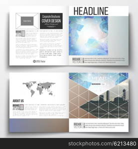 Set of annual report business templates for brochure, magazine, flyer or booklet. Abstract colorful polygonal backdrop with blurred image, modern stylish triangular vector texture.