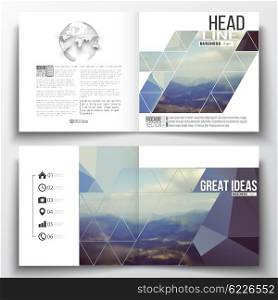 Set of annual report business templates for brochure, magazine, flyer or booklet. Abstract colorful polygonal backdrop, blurred background, mountain landscape, modern stylish triangle vector texture.