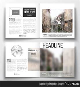 Set of annual report business templates for brochure, magazine, flyer or booklet. Polygonal background, blurred image, urban landscape, modern stylish triangular vector texture.