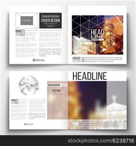 Set of annual report business templates for brochure, magazine, flyer or booklet. Colorful polygonal background, blurred image, night city landscape, festive cityscape, triangular vector texture.