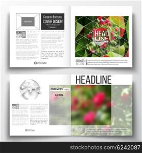 Set of annual report business templates for brochure, magazine, flyer or booklet. Colorful polygonal floral background, blurred image, red flowers on green, modern triangular texture.