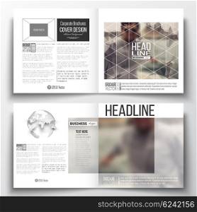 Set of annual report business templates for brochure, magazine, flyer or booklet. Polygonal background, blurred image, vacation, travel, tourism. Modern triangular vector texture.