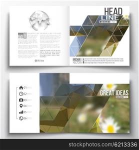 Set of annual report business templates for brochure, magazine, flyer or booklet. Summer landscape. Colorful polygonal backdrop, blurred background, modern stylish triangle vector texture.