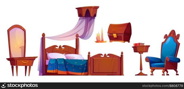 Set of antique furniture for royal room interior. Cartoon vector illustration of sophisticated bed, dressing table with mirror, armchair, book, candle and wooden chest isolated on white background. Set of antique furniture for royal room interior