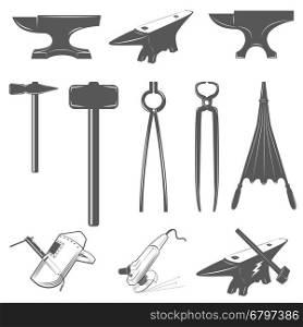 Set of anvils,hammers and design elements for blacksmith labels and badges.
