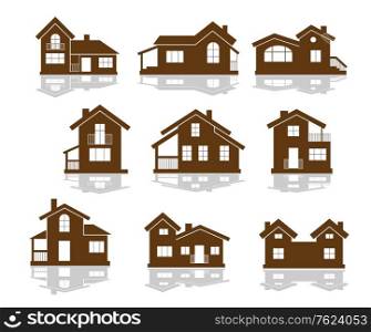 Set of apartment house icons in brown and white showing different styles of building in silhouette. Set of different architectural house icons