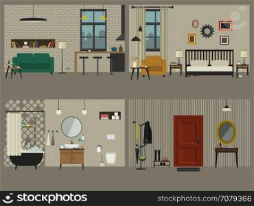 Set of apartment interiors with furniture icons.. Set of apartment interiors with furniture icons. Interior with living room, bedroom, bathroom and hall in flat stile.