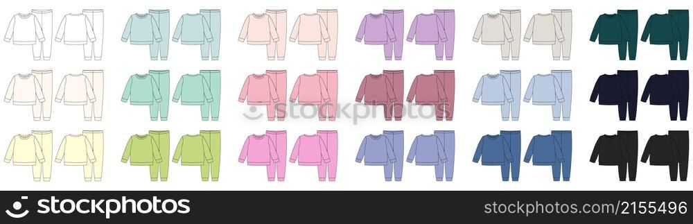 Set of apparel pajamas technical sketch. Colored childrens cotton sweatshirt and pants. Kids outline nighwear design template collection. Different colors. Front and back view. CAD fashion design. Set of apparel pajamas technical sketch. Colored childrens cotton sweatshirt and pants. Kids outline nighwear design template collection.