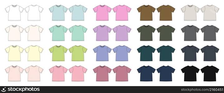 Set of apparel technical sketch unisex t shirt. T-shirt design template collection. Different colors. Front and back views. Vector CAD technical fashion illustration.. Set of apparel technical sketch unisex t shirt. T-shirt design template collection.