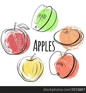 Set of apples of different shapes. Single and halves of apples with grunge colored dots. Illustration for the menu, recipes, postcards and your creativity.. Set of apples of different shapes. Single and halves of apples with grunge colored dots.