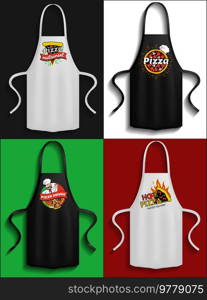 Set of aprons with pizzeria logos. Clothes for work in kitchen, protective element of clothing for cooking. Apron for cooking in kitchen and protection of clothes. Preparing pizza in restaurant. Set of aprons with pizzeria logos. Clothes for working and cooking in kitchen of pizza restaurant