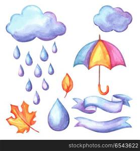 Set of aquarelle umbrella, clouds and rain.. Set of aquarelle umbrella, clouds and rain. Watercolor decorative autumn elements.