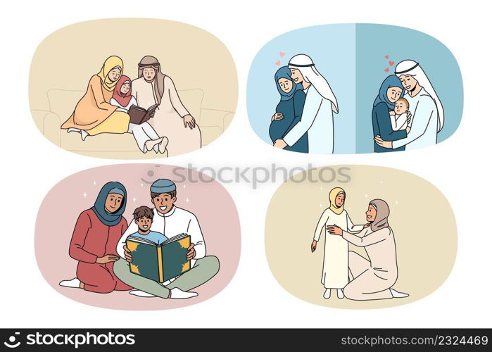 Set of Arabic family with children wear traditional clothes show love and care. Collection of Arabian parents with children. East religion and faith. Arab community concept. Vector illustration.. Set of Arabic family with kids in traditional clothes