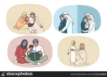 Set of Arabic family with children wear traditional clothes show love and care. Collection of Arabian parents with children. East religion and faith. Arab community concept. Vector illustration.. Set of Arabic family with kids in traditional clothes