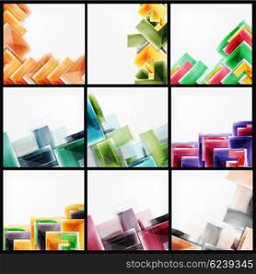 Set of arrow background - vector web brochures, internet flyers, wallpaper or cover poster designs. Geometric style, colorful realistic glossy arrow shapes, blank templates with copyspace. Directional idea banners.