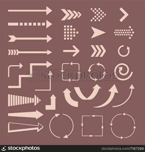 Set of arrows and destinations vector design. Illustration of arrow right and pointer, refresh and rotate. Set of arrows and destinations vector design