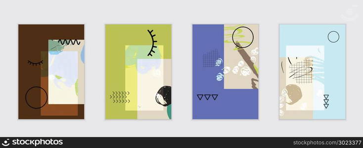 Set of artistic abstract universal card templates with simple geometric shapes and hand drawn doodle texture. Social media web banner. Bright colored isolated on white background cover template.