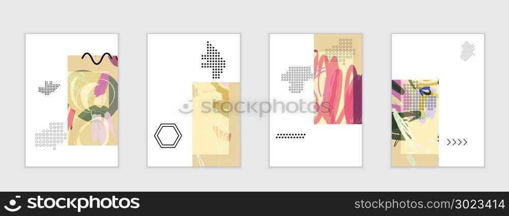 Set of artistic abstract universal card templates with simple geometric shapes and hand drawn doodle texture. Social media web banner. Bright colored isolated on white background cover template.