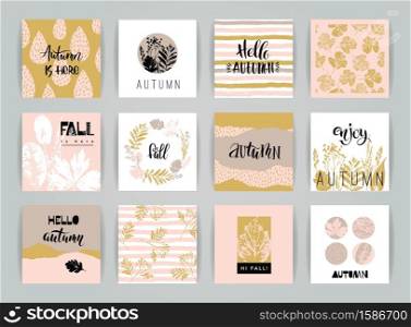 Set of artistic creative autumn cards. Hand Drawn textures and brush lettering. Design for poster, card, invitation, placard, brochure, flyer. Vector templates. Set of artistic creative autumn cards.