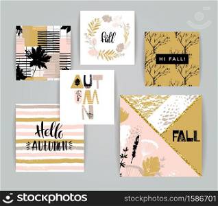 Set of artistic creative autumn cards. Hand Drawn textures and brush lettering. Design for poster, card, invitation, placard, brochure, flyer. Vector templates. Set of artistic creative autumn cards.