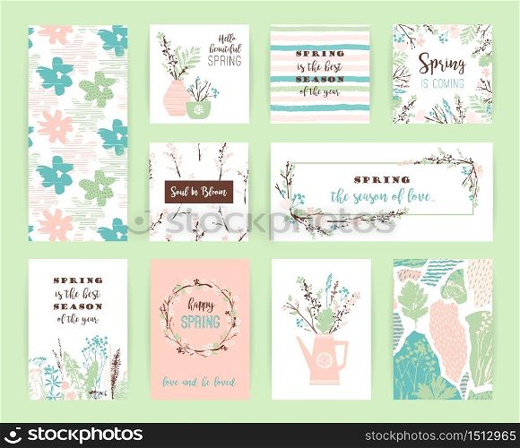 Set of artistic creative spring cards. Hand Drawn textures. Spring gentle pastel colors. Design for poster, card, invitation, placard, brochure, flyer. Vector. Set of artistic creative spring cards.