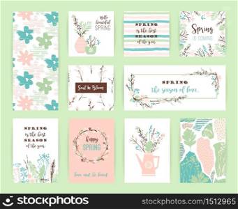 Set of artistic creative spring cards. Hand Drawn textures. Spring gentle pastel colors. Design for poster, card, invitation, placard, brochure, flyer. Vector. Set of artistic creative spring cards.