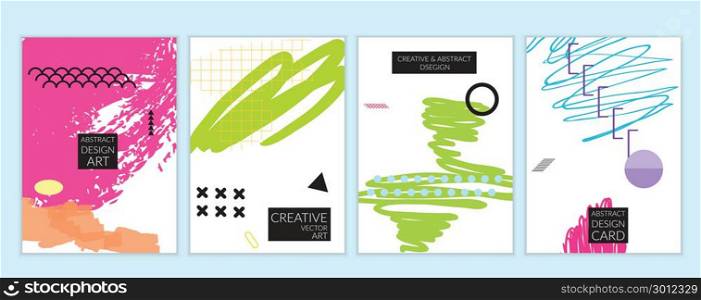 Set of artistic minimal universal card templates in Memphis style with abstract hand drawn doodles. Design for poster, card, invitation. Roughly drawn bright trendy textures. Vector isolated