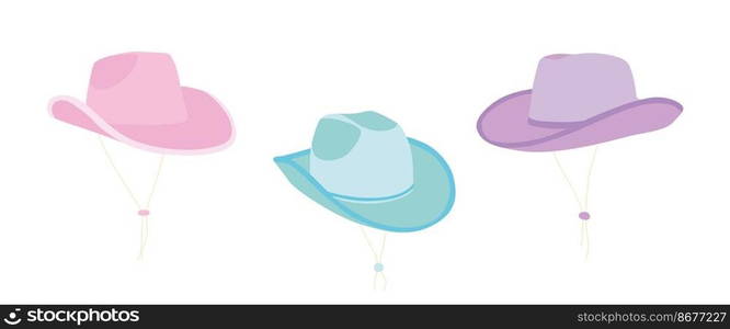 Set of  artoon  owgirl hats with with strings. Party hat. Wild West fashion style. Cowboy western theme  wild west concept. Hand drawn colored flat vector illustration. All elements are insolated