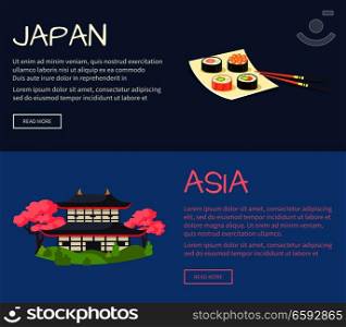 Set of Asia and Japan web banners. Sushi rolls on square plate and pagoda in cherry bloom flat vector illustrations. Horizontal concepts with Asia related symbols for travel company landing page. Set of Asia and Japan Flat Vector Web Banners