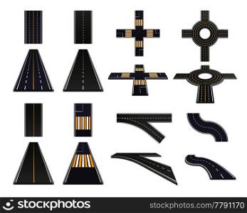 Set of asphalt road parts with marking perspective and top view isolated on white background vector illustration . Road Parts Perspective Set