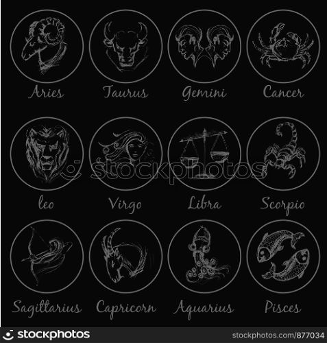 Set of astrological zodiac symbols. Horoscope signs. Sketch style. Vector Illustration.. Set of astrological zodiac symbols. Horoscope signs