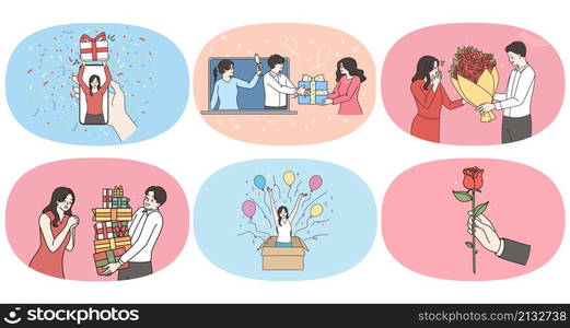 Set of attentive man congratulate greet excited beloved woman with anniversary. Collection of guy make surprise give present gift to happy girlfriend. Valentine day concept. Flat vector illustration.. Set of man congratulate happy woman with presents