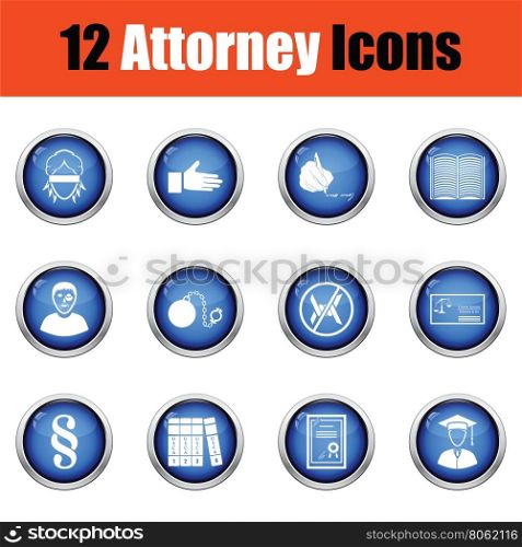 Set of attorney icons. Glossy button design. Vector illustration.