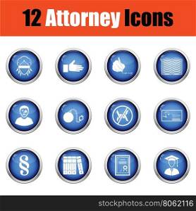 Set of attorney icons. Glossy button design. Vector illustration.