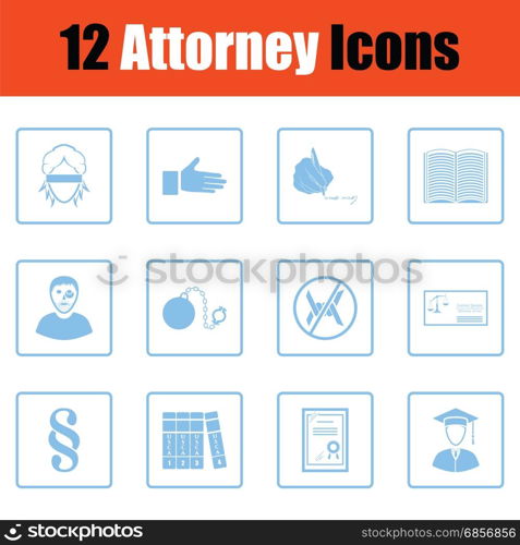 Set of attorney icons. Set of attorney icons. Blue frame design. Vector illustration.