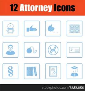 Set of attorney icons. Set of attorney icons. Blue frame design. Vector illustration.
