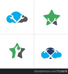 Set of automobile logo. wrench in star and cloud mechanic, wheel logo designs. car repair service vector icons, garage logos.