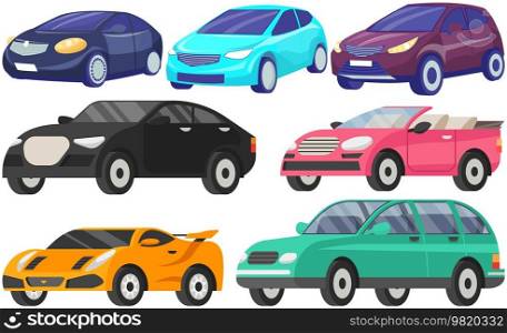 Set of automobiles of different shapes and colors. Sports car, convertible, suv, hatchback icons. Vehicle, means of transportation in city and nature. Types of passenger cars vector illustration. Set of automobiles of different shapes and colors. Sports car, convertible, suv, hatchback icons