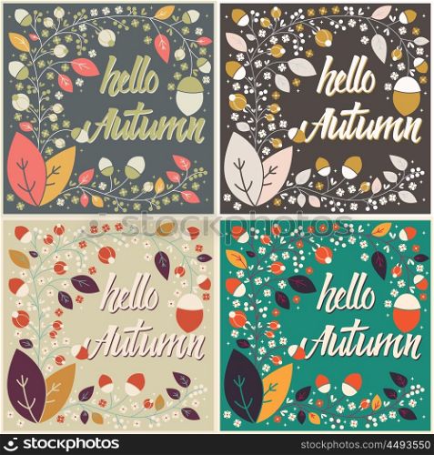 Set of autumn card designs with floral frame and message, vector illustration