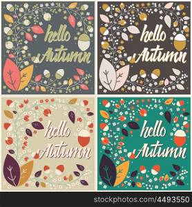 Set of autumn card designs with floral frame and message, vector illustration