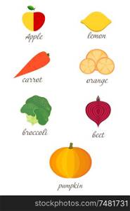 Set of autumn fruits and vegetables. Healthy food on a white background. Apple, orange, broccoli, pumpkin, lemon, carrot. Vector illustration of fruits and vegetables, isolated objects. Flat style.