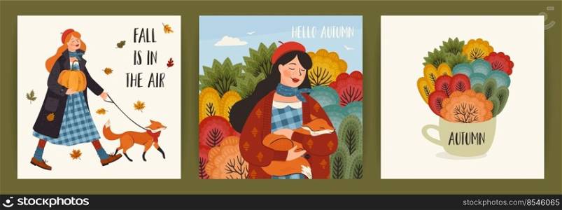 Set of autumn illustrations with cute girl. Vector design for card, poster, flyer, web and other use.. Set of autumn illustrations with cute girl. Vector design for card, poster, flyer, web and other