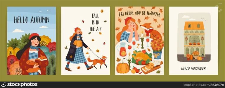 Set of autumn illustrations with cute girl. Vector design for card, poster, flyer, web and other use.. Set of autumn illustrations with cute girl. Vector design for card, poster, flyer, web and other.
