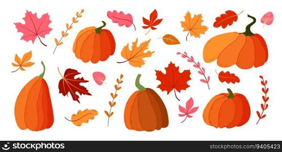 Set of autumn leaves and pumpkins in flat style. Vector illustration. Set of autumn leaves and pumpkins in flat style