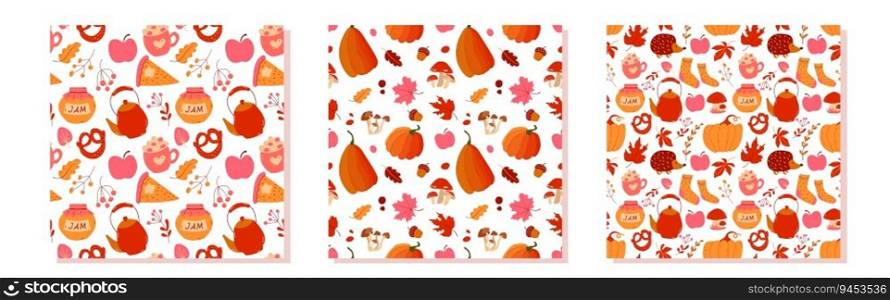 Set of autumn leaves and pumpkins seamless pattern, flat design template. Autumn background Vector illustration. Set of autumn leaves and pumpkins seamless pattern, flat design template. Autumn background
