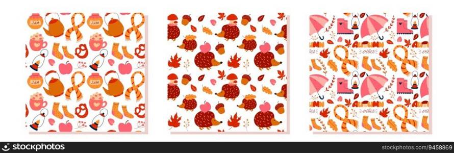 Set of autumn leaves, food, hedgehog seamless pattern, flat design template. Autumn background Vector illustration. Set of autumn leaves, food, hedgehog seamless pattern, flat design template. Autumn background